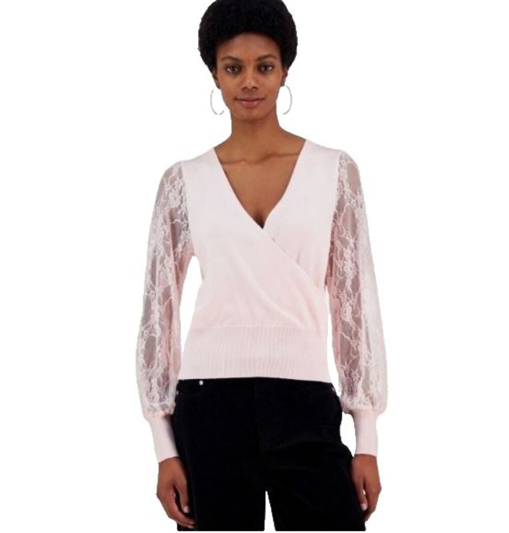 Madden Girl Juniors' V-Neck Wrap Lace-Sleeve Sweater Pink Medium NWT